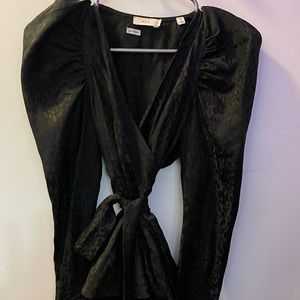 A.L.C. Black silk leopard wrap blouse plunge neck with tie xs designer